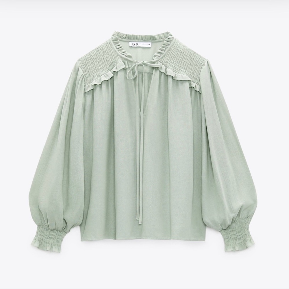 ZARA Smocked Shoulder Long Sleeve Blouse in sage green